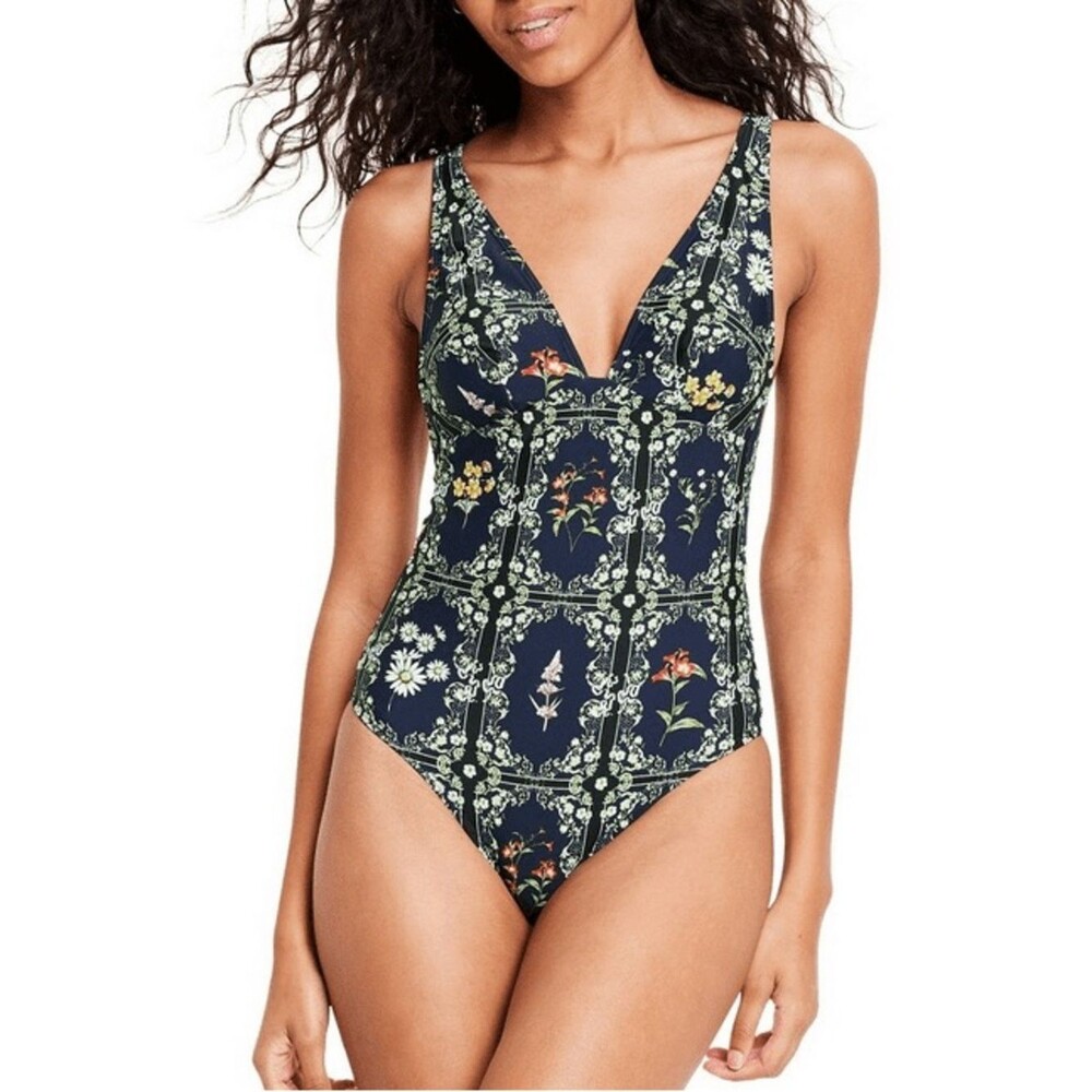 Agua Bendita for Target Floral Botanical One Piece Swimsuit Large Navy Plunge